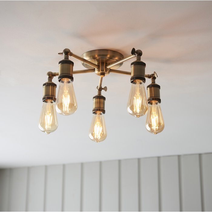 Vintage - 5 Light Industrial Semi Flush Ceiling Light - Antique Brass