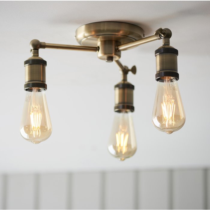 Vintage - 3 Light Industrial Semi Flush Ceiling Light - Antique Brass