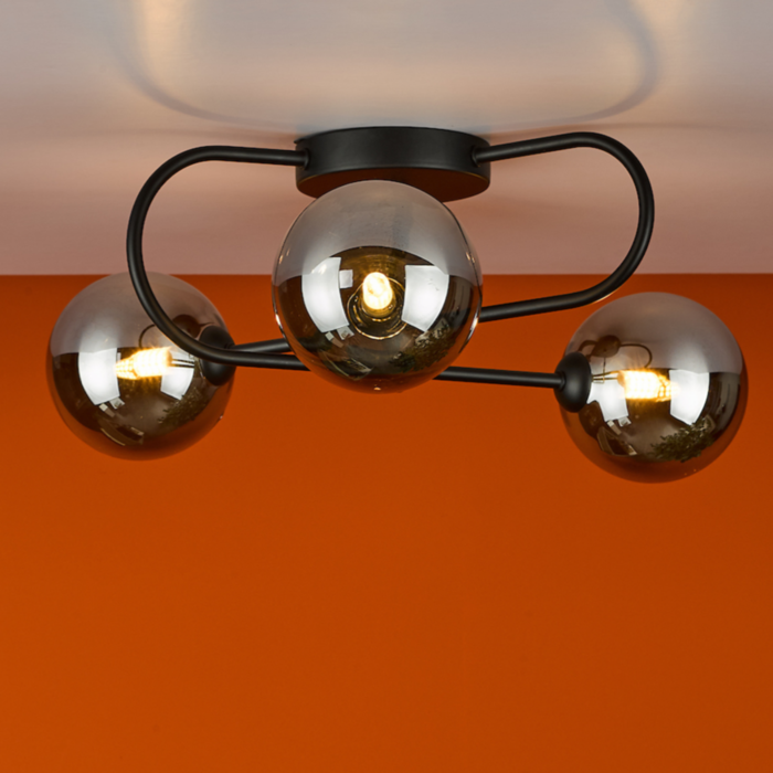 Eissa 3 Light Semi Flush Ceiling Light - Matt Black Smoked Glass