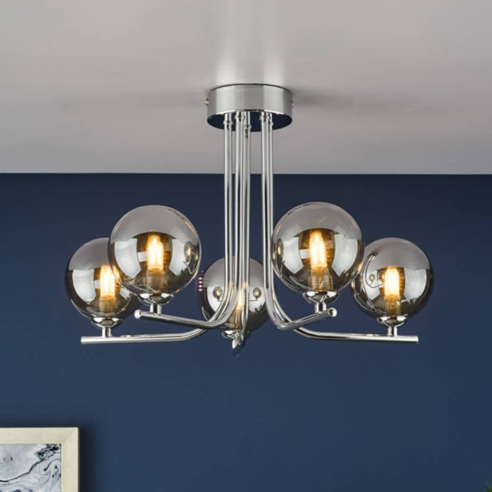 Cradle 5 Light Semi Flush Ceiling Light - Polished Chrome Smoked Glass