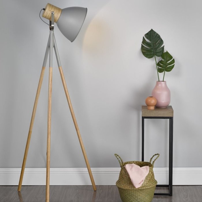 Adda - Grey & Wood Tripod Floor Lamp