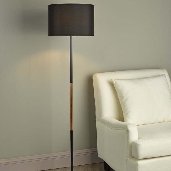 Kelso 1 Light Floor Lamp - Matt Black Polished Copper With Shade