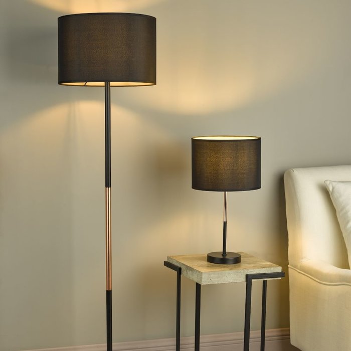 Kelso 1 Light Floor Lamp - Matt Black Polished Copper With Shade