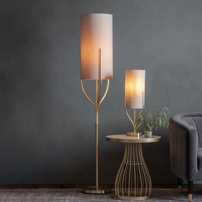 Olive - Organic Tree  Drum Floor Lamp - Brushed Brass & Natural Fabric