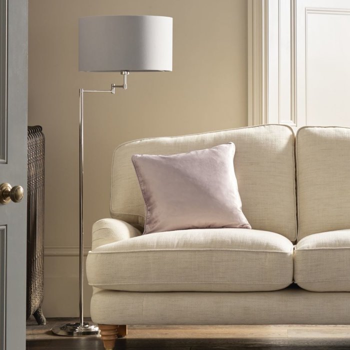 Marlowe - Classic Swing Arm Floor Lamp with Grey Linen Shade - Laura Ashley