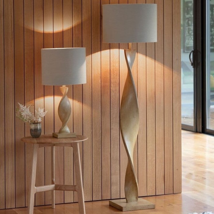 Arthur - Oak Wood Effect Twist Floor Lamp and Natural Linen Shade