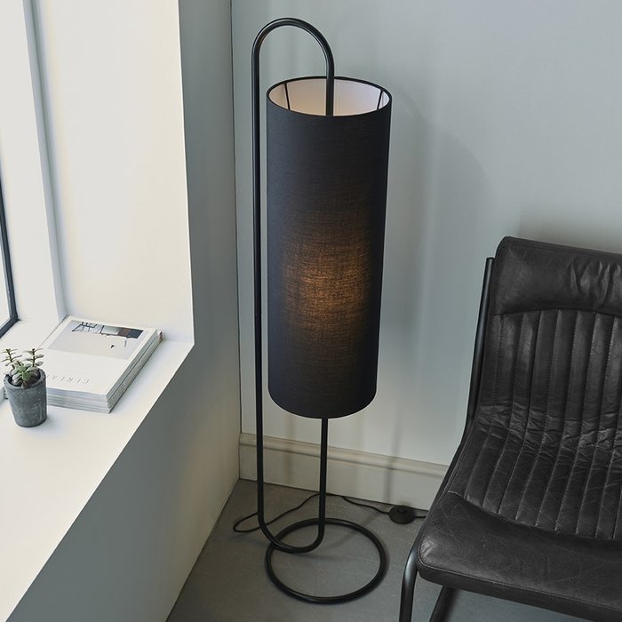 Rowantree - Oval Matt Black Floor Lamp with Black Shade