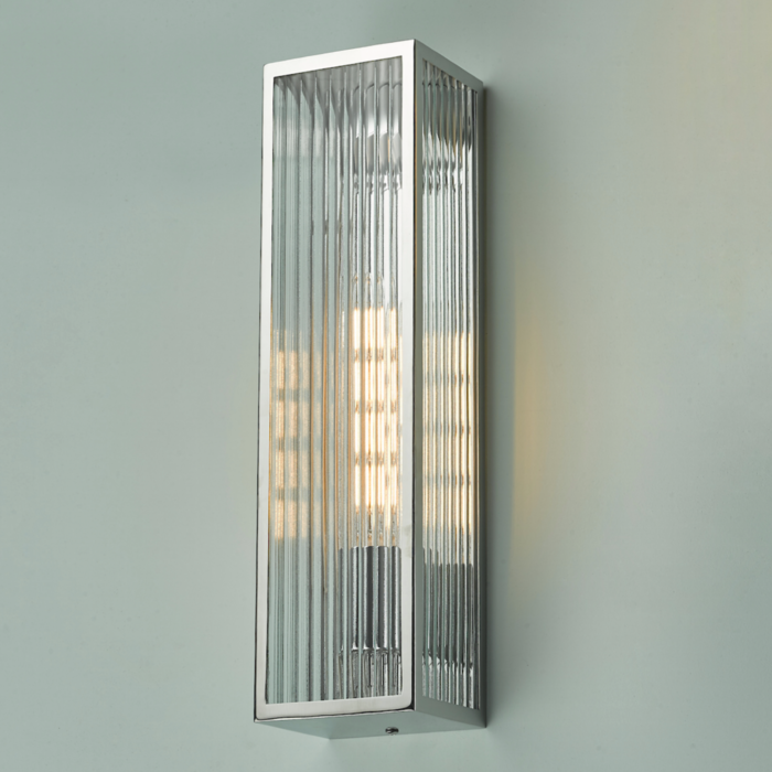 Atlas - IP44 Large Ribbed Glass Wall Light - Stainless Steel