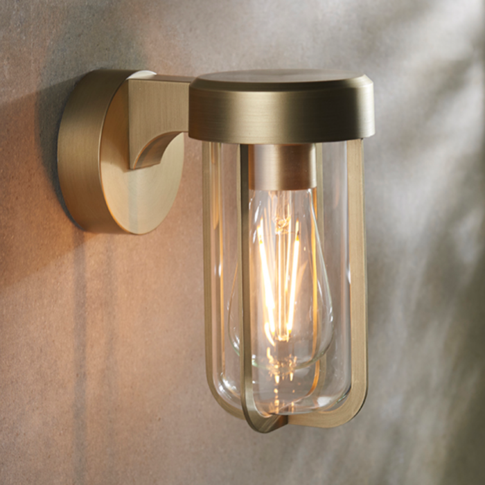 Ayton - Industrial Brushed Gold & Clear Glass Outdoor/Bathroom Wall Light