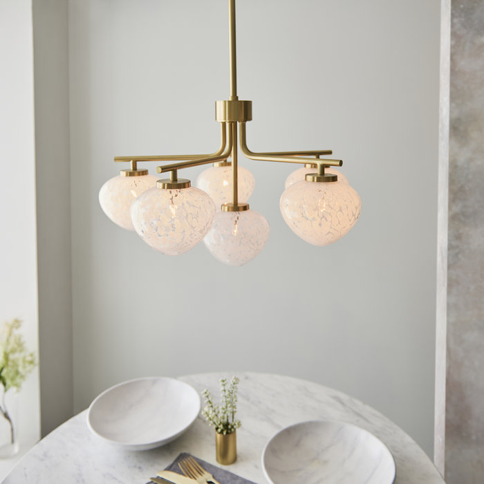 Connie - Satin Brass 6 Light Armed Chandelier with Confetti Glass