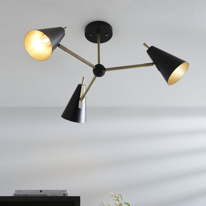 Lillie - Mid-Century Black & Gold 3 Light Semi Flush Ceiling Light