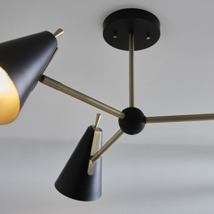 Lillie - Mid-Century Black & Gold 3 Light Semi Flush Ceiling Light