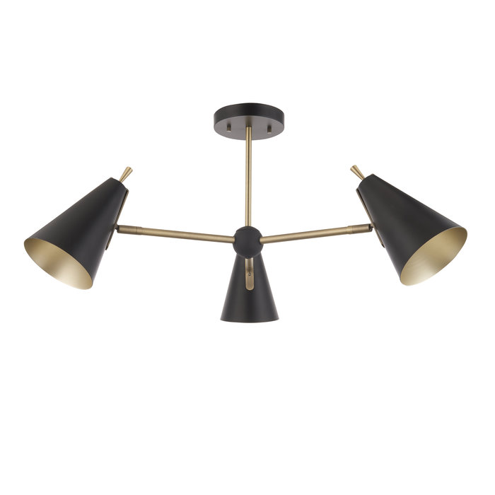 Lillie - Mid-Century Black & Gold 3 Light Semi Flush Ceiling Light