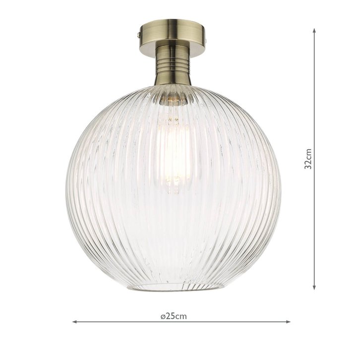 Emma - Brass and Round Ribbed Glass Semi Flush Ceiling Light