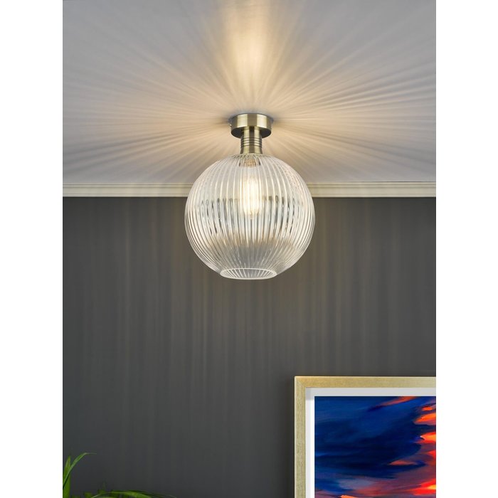 Emma - Brass and Round Ribbed Glass Semi Flush Ceiling Light