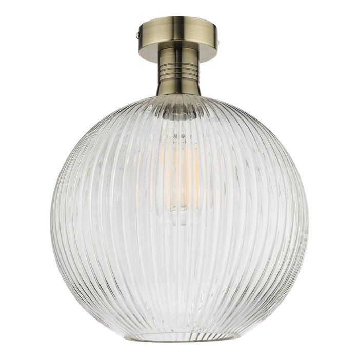 Emma - Brass and Round Ribbed Glass Semi Flush Ceiling Light