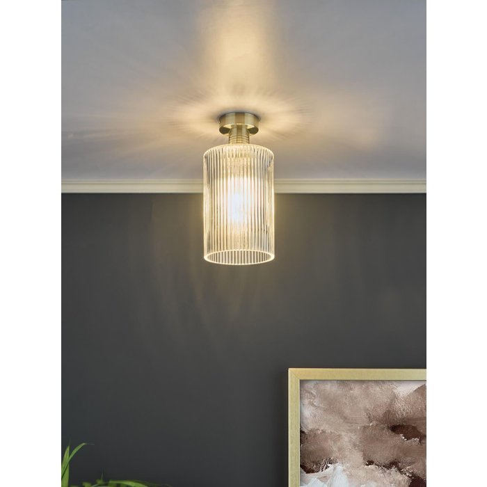 Emma - Brass and Cylinder Ribbed Glass Semi Flush Ceiling Light