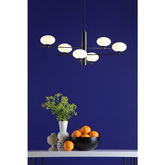 Black Feature Pendant Light – Robin - Mid Century Modern Opal Glass - 6 Light