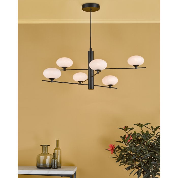 Black Feature Pendant Light – Robin - Mid Century Modern Opal Glass - 6 Light