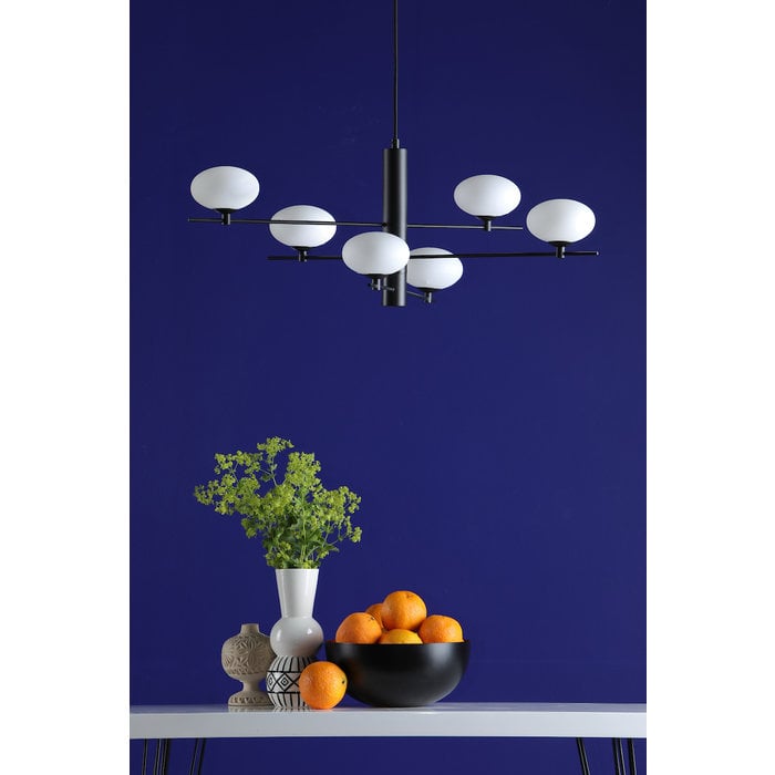 Black Feature Pendant Light – Robin - Mid Century Modern Opal Glass - 6 Light