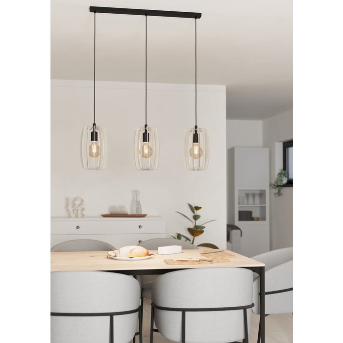 Zarra - Modern 3 Light Pendant with Wooden Grey Vertial Louvred Shades