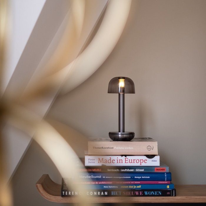 Noble Two Battery-Operated Table Lamp - Titanium & Smoked Glass