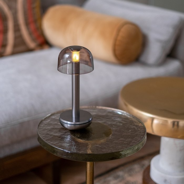 Noble Two Battery-Operated Table Lamp - Titanium & Smoked Glass