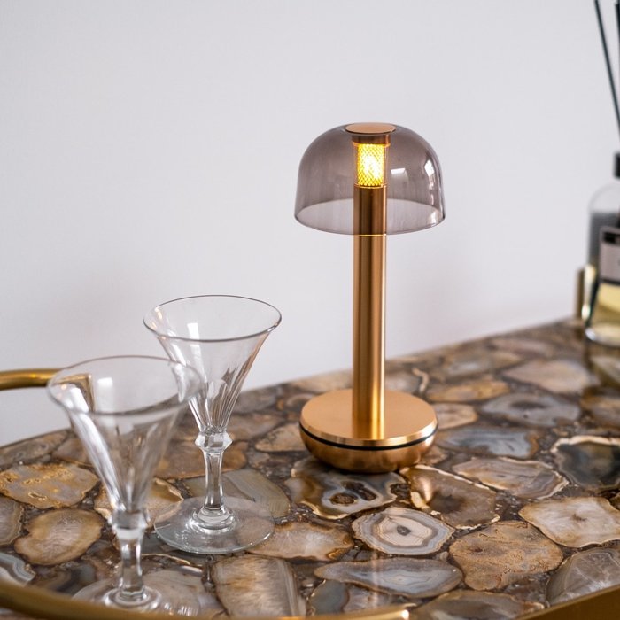 Noble Two Battery-Operated Table Lamp - Gold & Smoked Glass