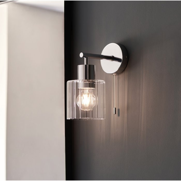 Beryl - Chrome & Ribbed Glass Shade Modern Bathroom Wall Light