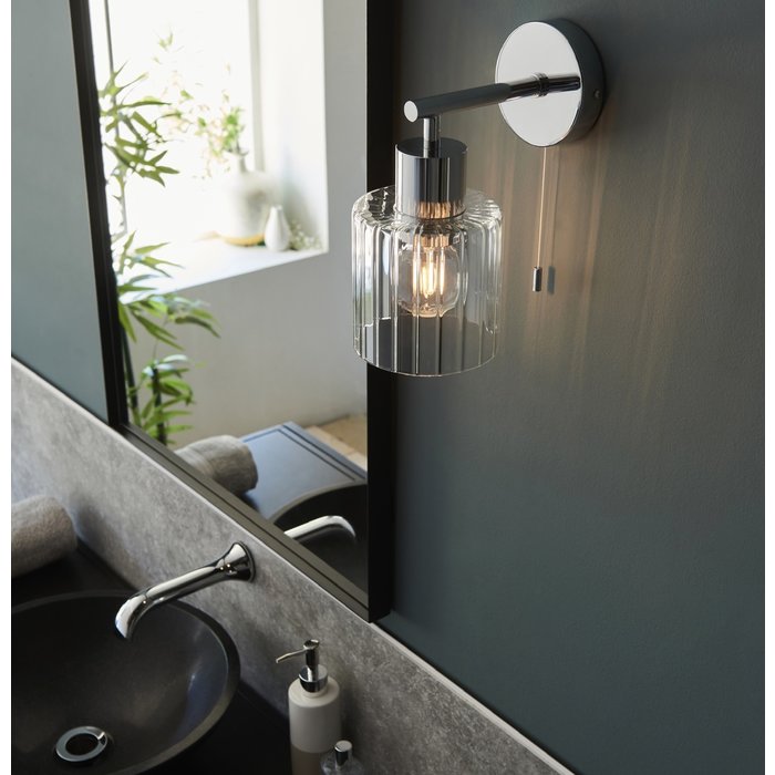 Beryl - Chrome & Ribbed Glass Shade Modern Bathroom Wall Light