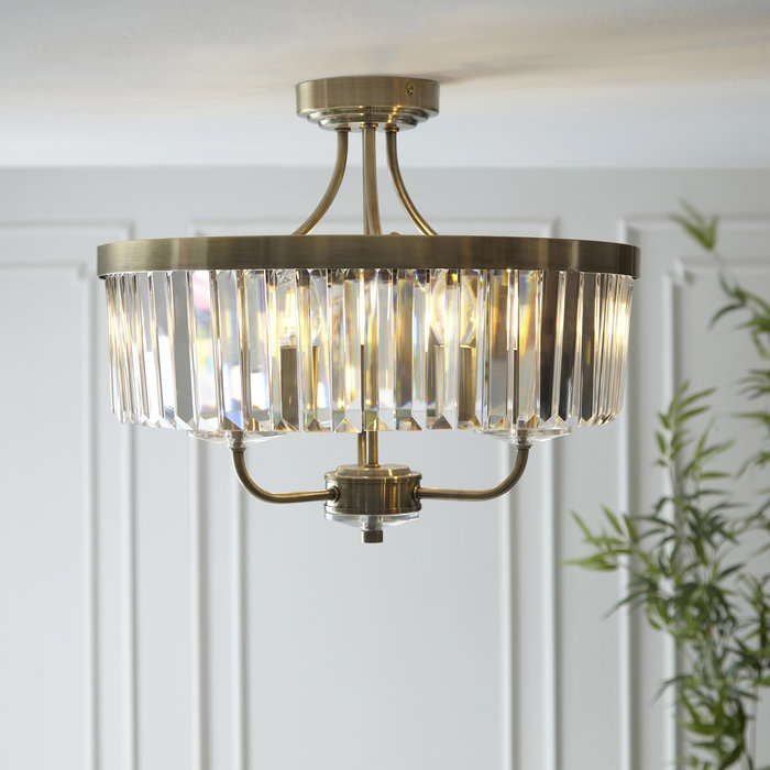 Pickering - Art Deco Semi Flush Chandelier - Clear Cut Glass & Antique Brass