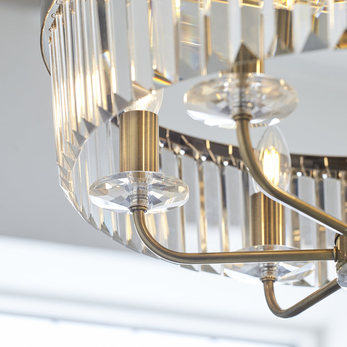 Pickering - Art Deco Chandelier Pendant - Clear Cut Glass & Antique Brass