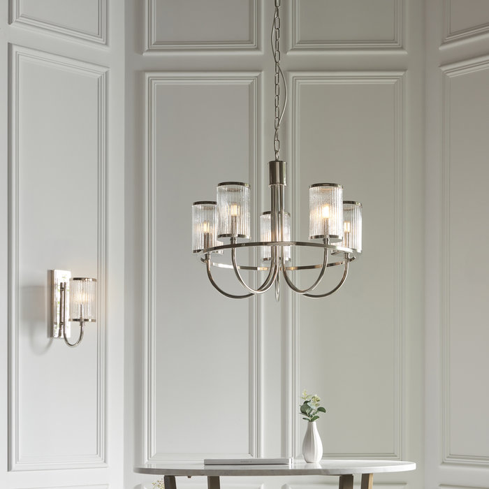 East - 5 Light Nickel Armed Chandelier with Bubble Glass Shades