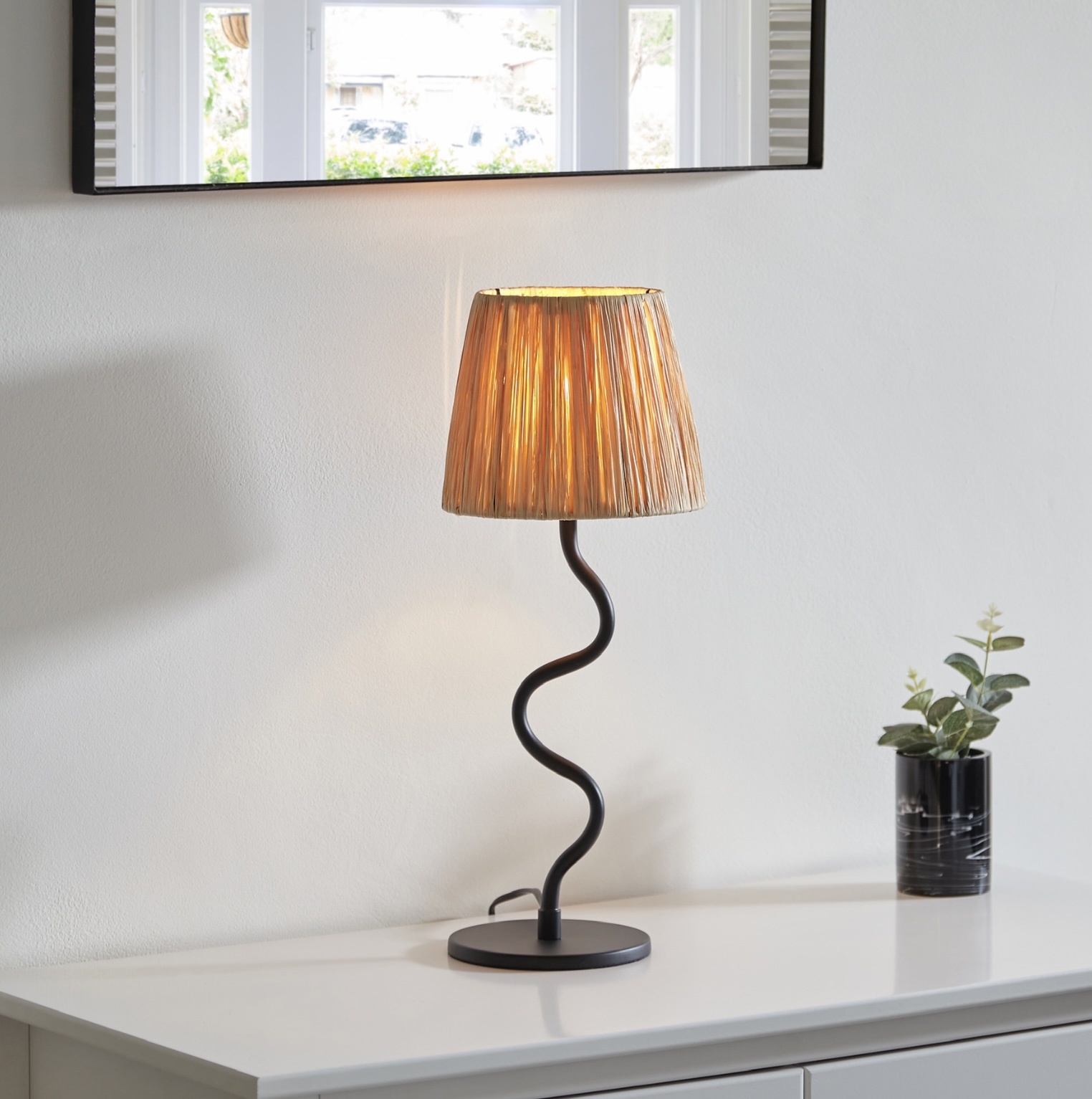 Wave - Black Table Lamp with Raffia Shade - Lightbox