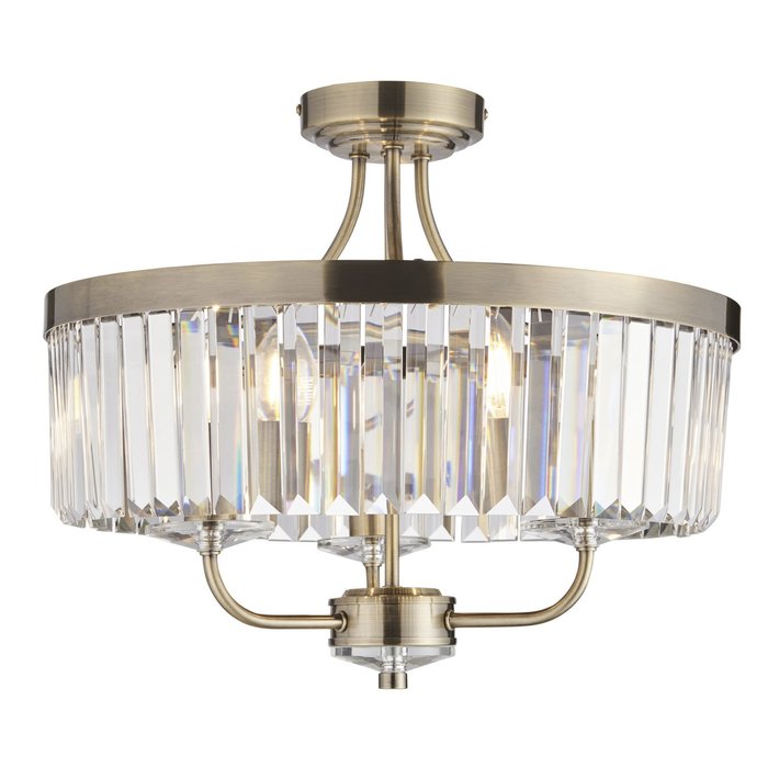 Pickering - Art Deco Semi Flush Chandelier - Clear Cut Glass & Antique Brass