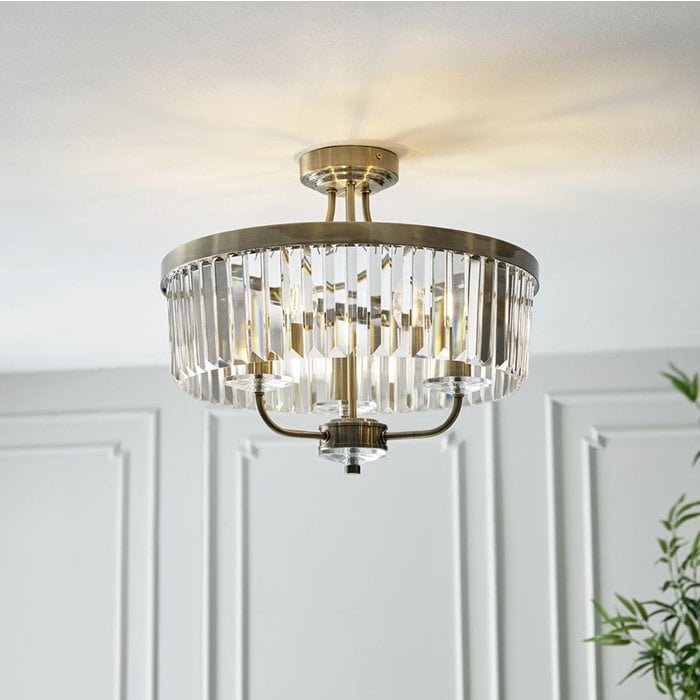 Pickering - Art Deco Semi Flush Chandelier - Clear Cut Glass & Antique Brass