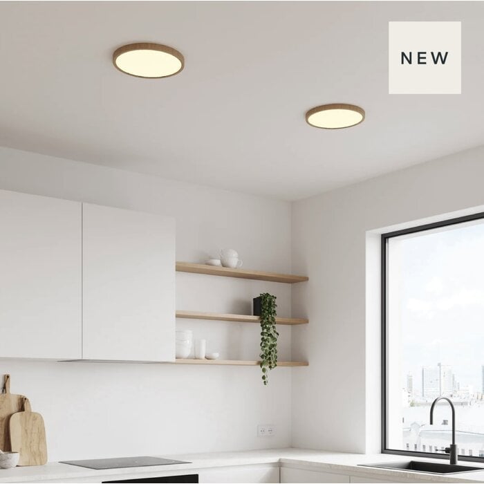 Ida - Kitchen & Bathroom Ultra-Slim LED Flush Ceiling Light - Wood - IP54 - Warm White - Small