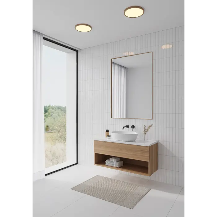 Ida - Kitchen & Bathroom Ultra-Slim LED Flush Ceiling Light - Wood - IP54 - Warm White - Small