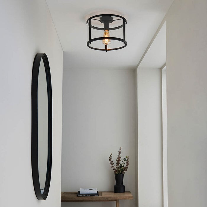 Hopton - Modern Classic Flush Glass Lantern Ceiling Light - Black
