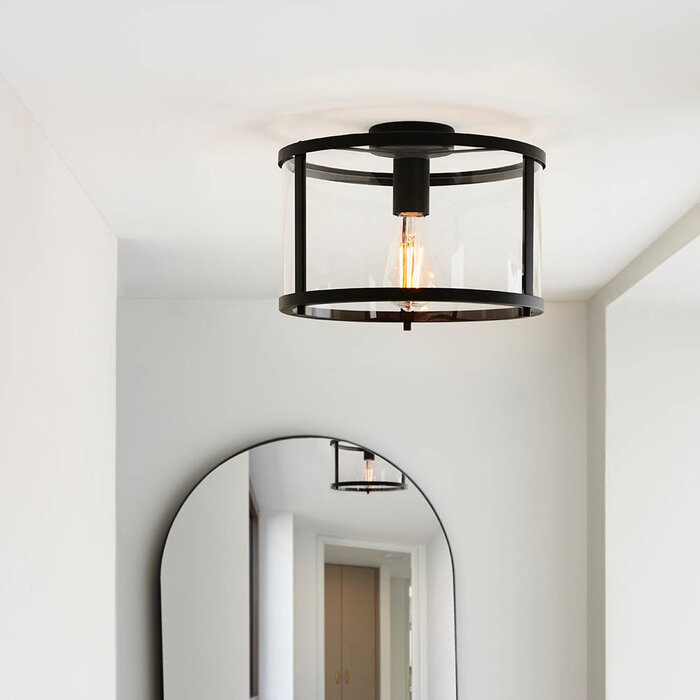 Hopton - Modern Classic Flush Glass Lantern Ceiling Light - Black