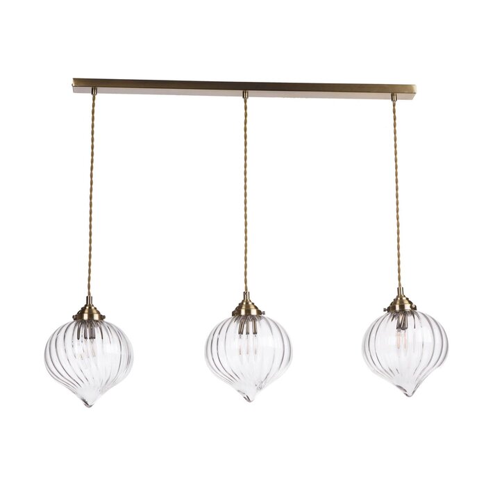 Mia - Teardrop Twisting Glass 3 Light Antique Brass Bar Pendant