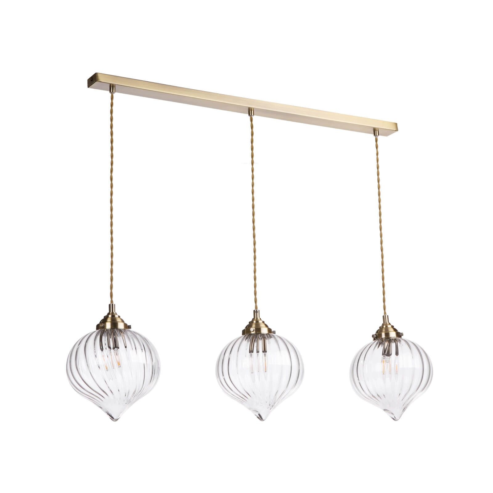 Mia Teardrop Twisting Glass 3 Light Antique Brass Bar Pendant