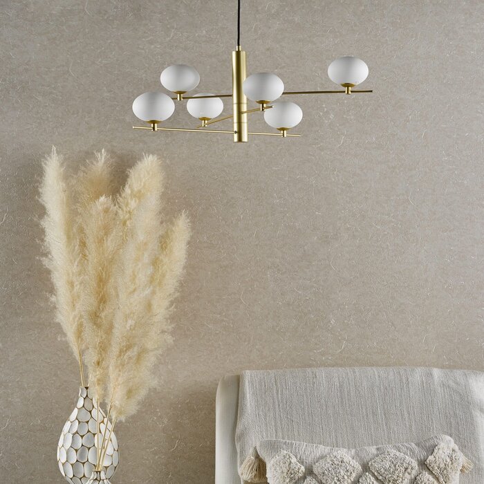 Robin - 6 Light Minimalist Chandelier Pendant Satin Gold and Opal Glass