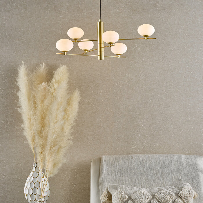 Robin - 6 Light Minimalist Chandelier Pendant Satin Gold and Opal Glass