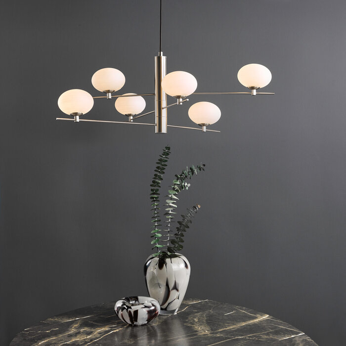 Robin - Scandi Feature 6 Light Pendant - Satin Nickel and Opal Glass