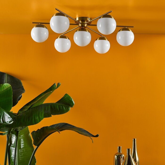 Bomba - Low Ceiling Large Mid Century Ceiling Light - Natural Brass and Opal Glass