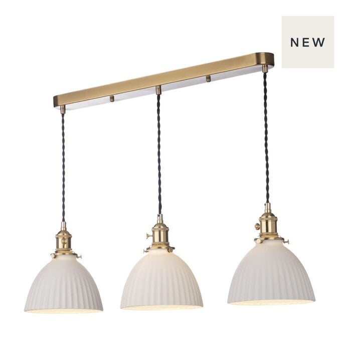 Hadano - Domed Ribbed Ceramic 3 Light Bar Pendant - Natural Brass