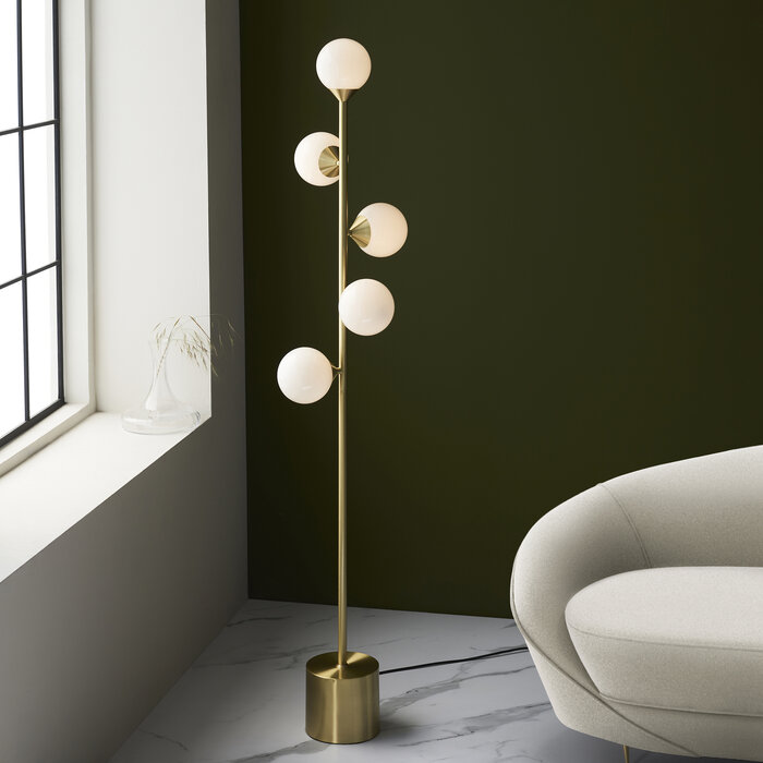 Rae - Satin Brushed Gold Floor Light with Gloss White Glass Shades