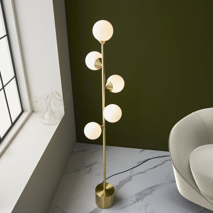 Rae - Satin Brushed Gold Floor Light with Gloss White Glass Shades