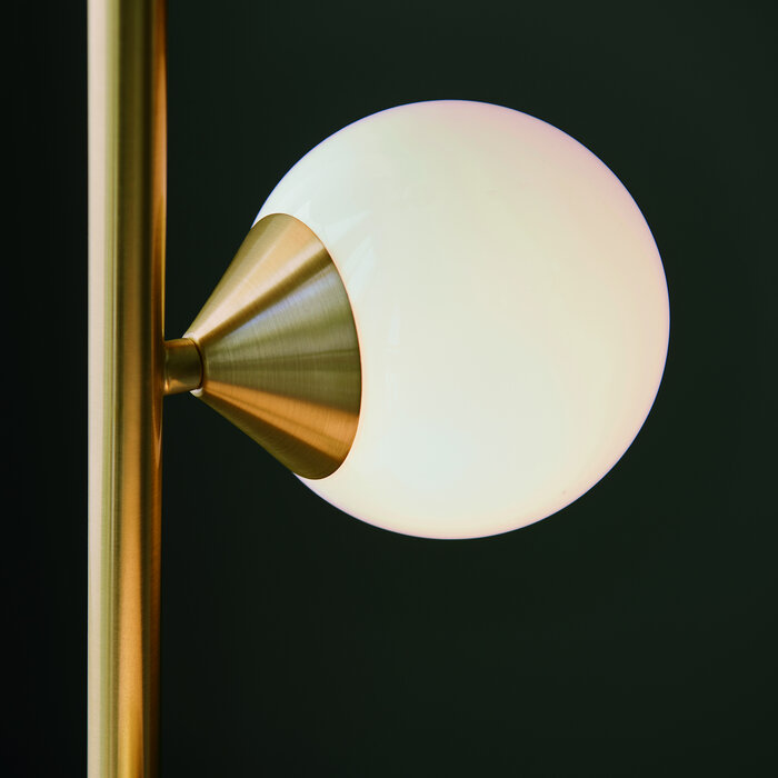 Rae - Satin Brushed Gold Floor Light with Gloss White Glass Shades